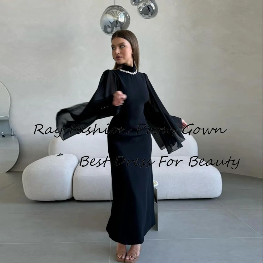 

Ray Fashion Mermaid Evening Dress High Neck WIth Long Chiffon Sleeves Crystal For Formal Occasion فساتين سهرة Saudi Arabia