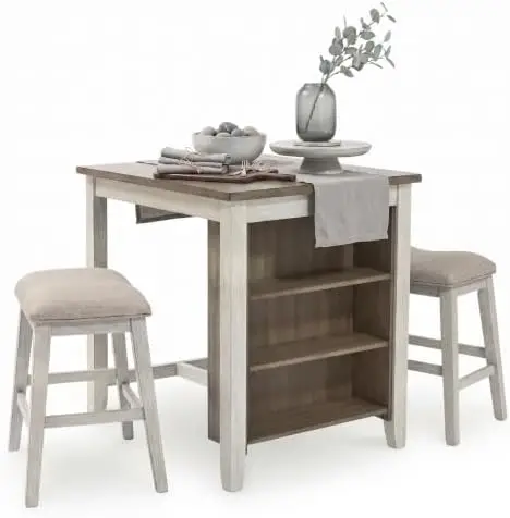 Skempton 3-Piece Counter Height Dining Table Set | Two-tone acacia wood set, 3 built-in open shelves, 2 upholstered