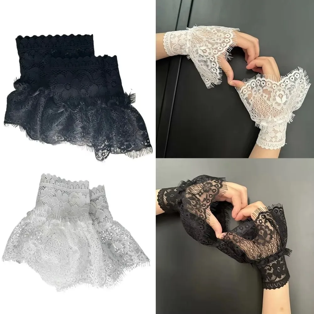 

1 Pair Lace Ruffles Fake Cuffs Floral Pattern Pleated Flare False Gloves Multi Layer White Black Elbow Sleeve Cuff