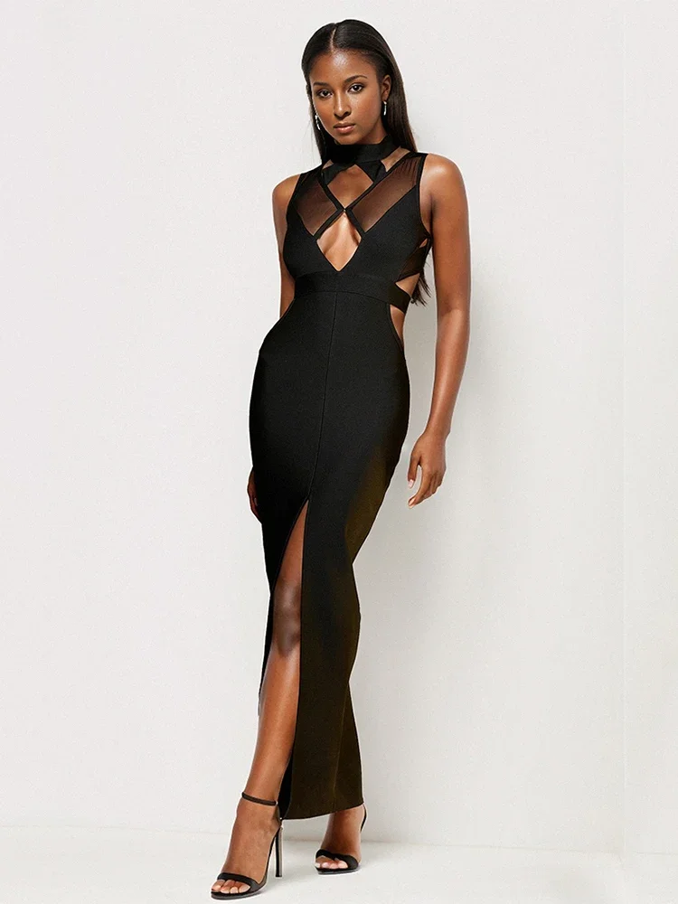 

Sexy Sleeveless Hollow Out Mesh Patchwork Bandage Dress Women Black Halter Neck Split Long Bodycon Dresses Evening Party Gowns