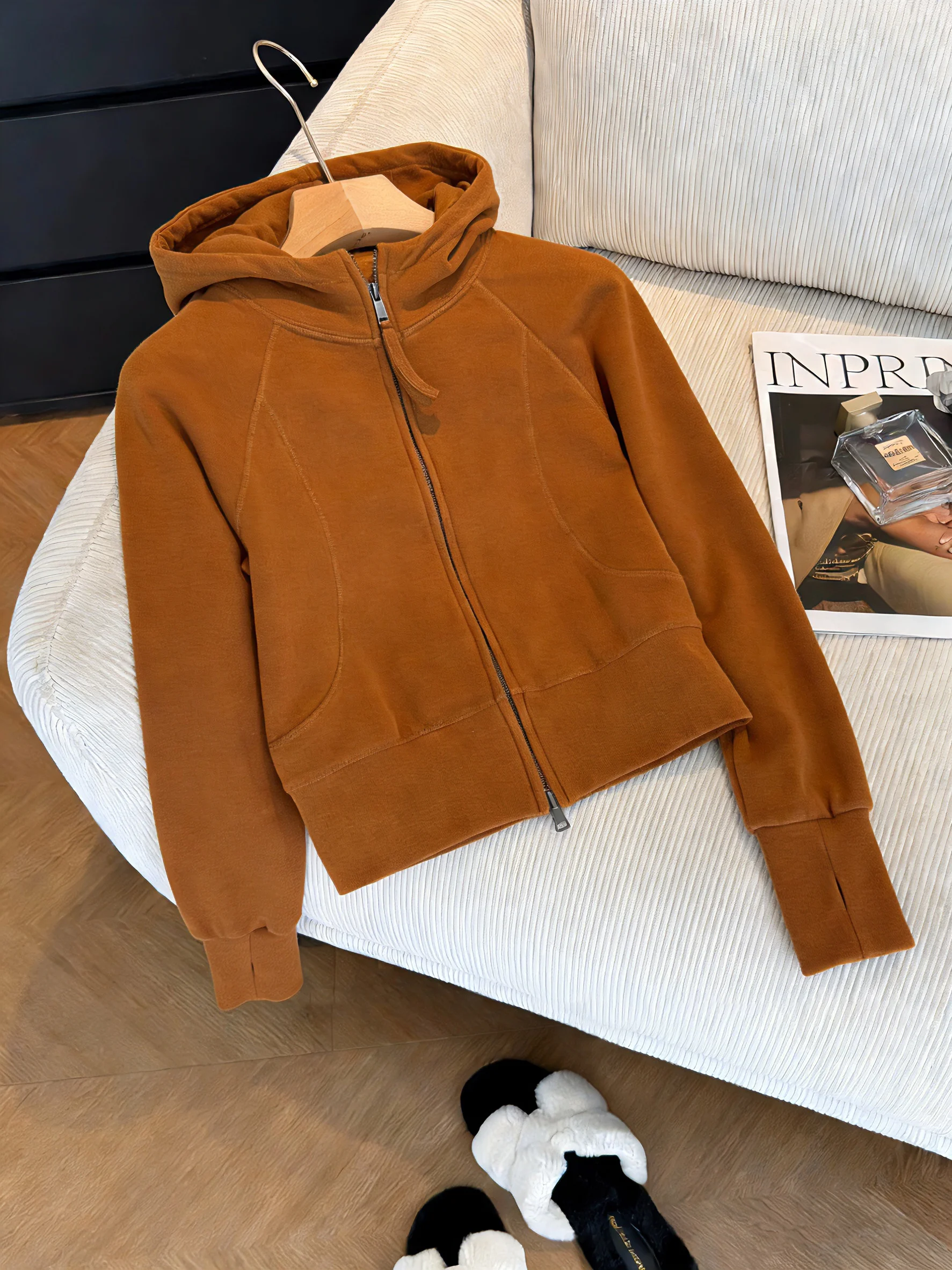 

Retro Chic Hooded Double Zipper Sweatirt Jaet ex Spring Autumn Casual Versatile Top Trendy Long Sve Thermal Open C...