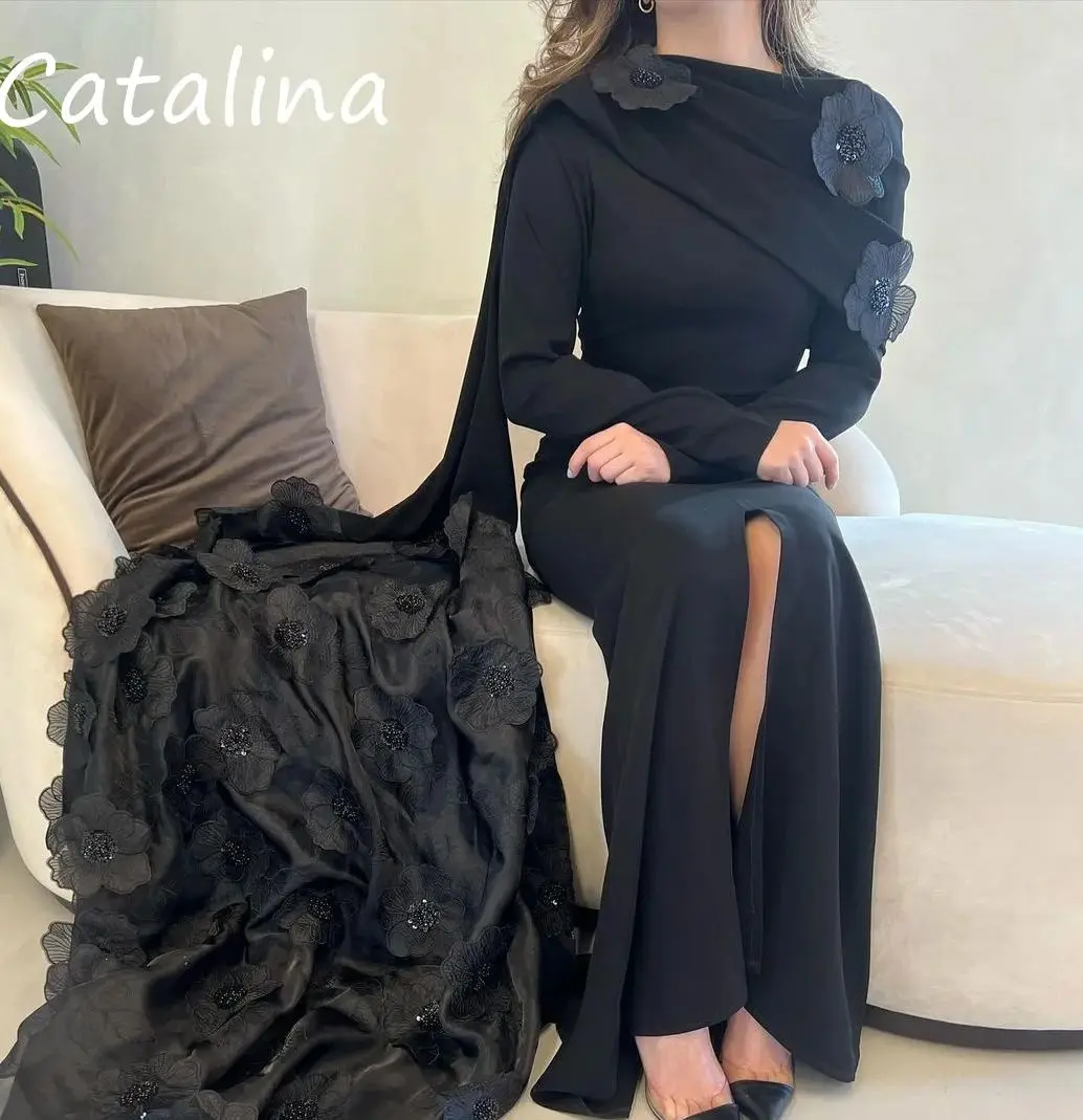 Black Flower Evening Dress For Woman O Neck Long Sleeves Prom Dresses Luxury 2025 Saudi Arabia Formal Party Dress customized