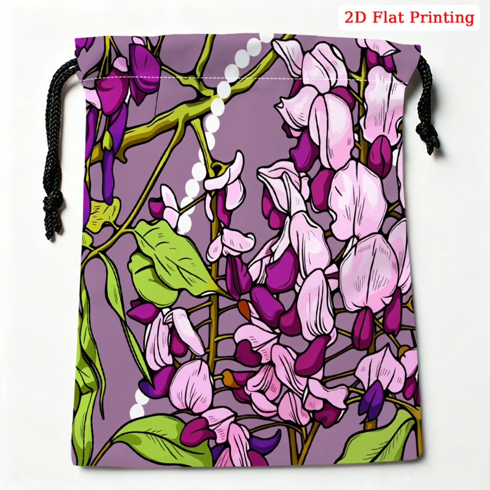 1pc Floral Drawstring Bag Purple Wisteria Print Storage Small Pouch Travel Cosmetic Organizer For Women Portable Gift