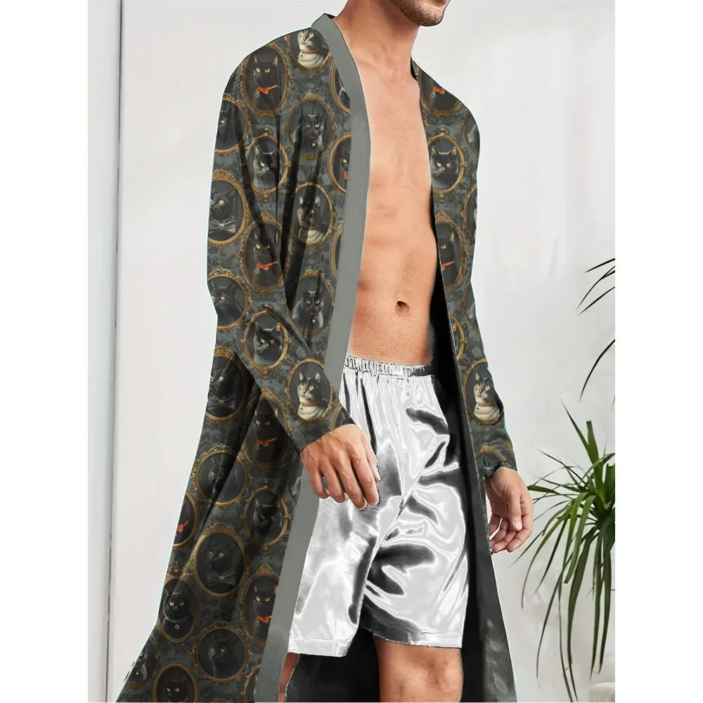 

Men's Robe for Autumn 2025 Comfortable Home Sleeping Robe Trendy Full-body Cat Print Pattern Home Casual Comfortable Nightgown