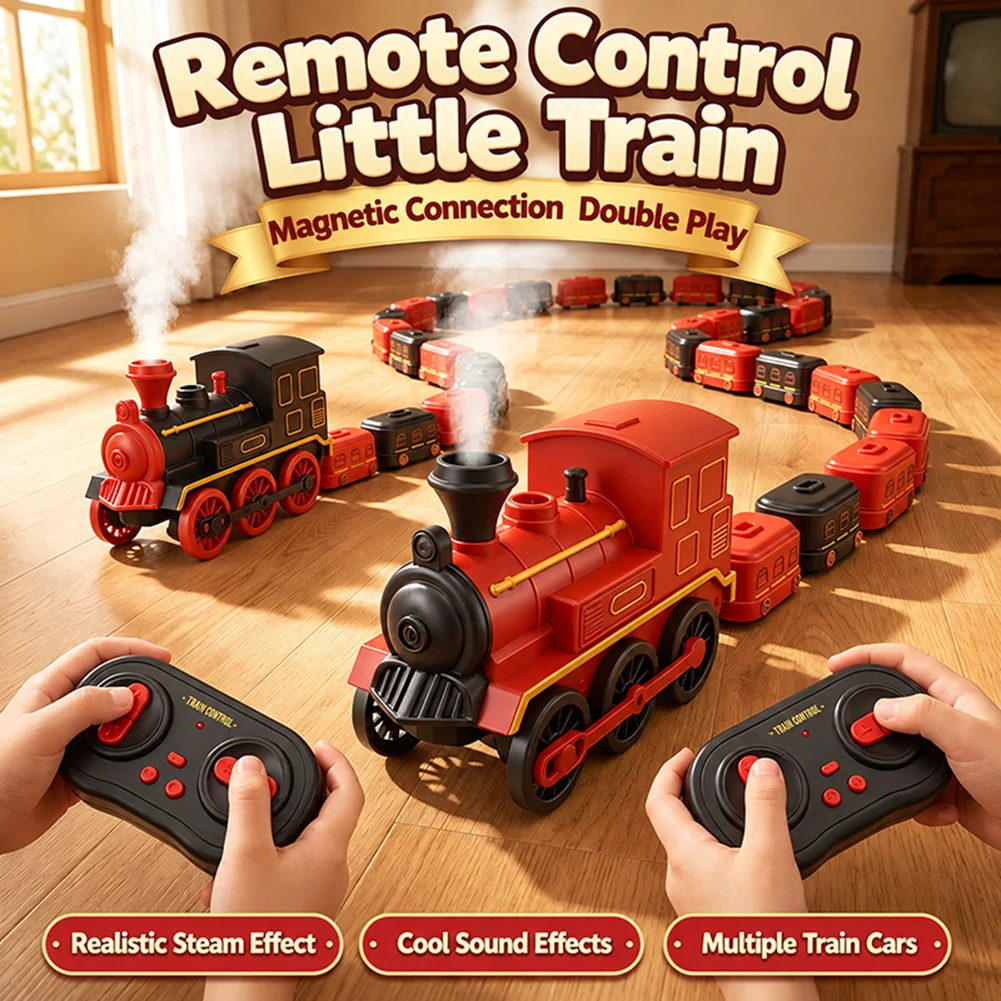 Electric Trains Set with Spray Lights Battery Operated Magnetic Rail Toy Remote Control Set Toys Gifts for Toddler Boy Kids Game