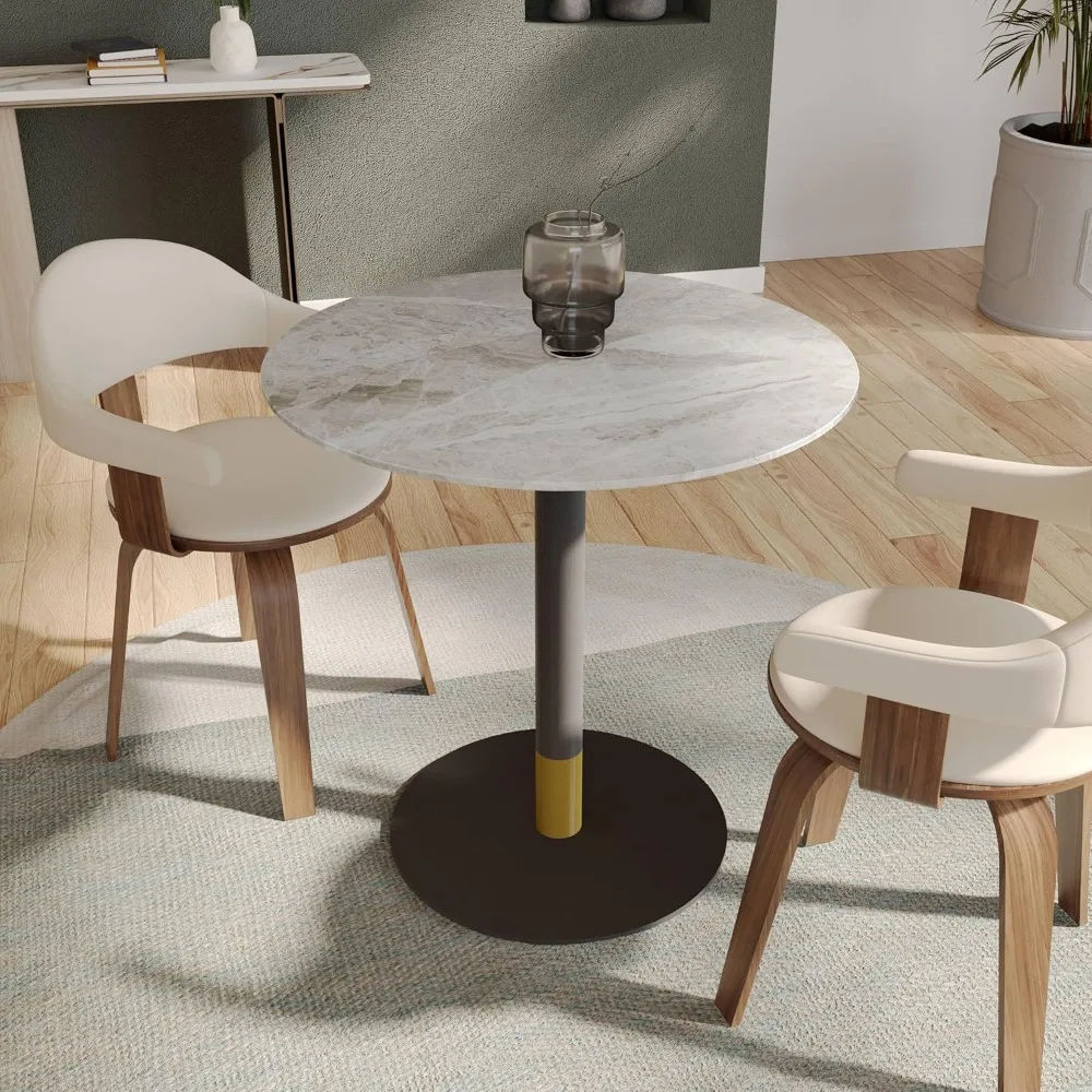 

LeisureMod 27-дюймовый круглый серый обеденный стол, столешница из спеченного камня, черная подставка на пьедестале с золотым акцентом для кухни, столовой