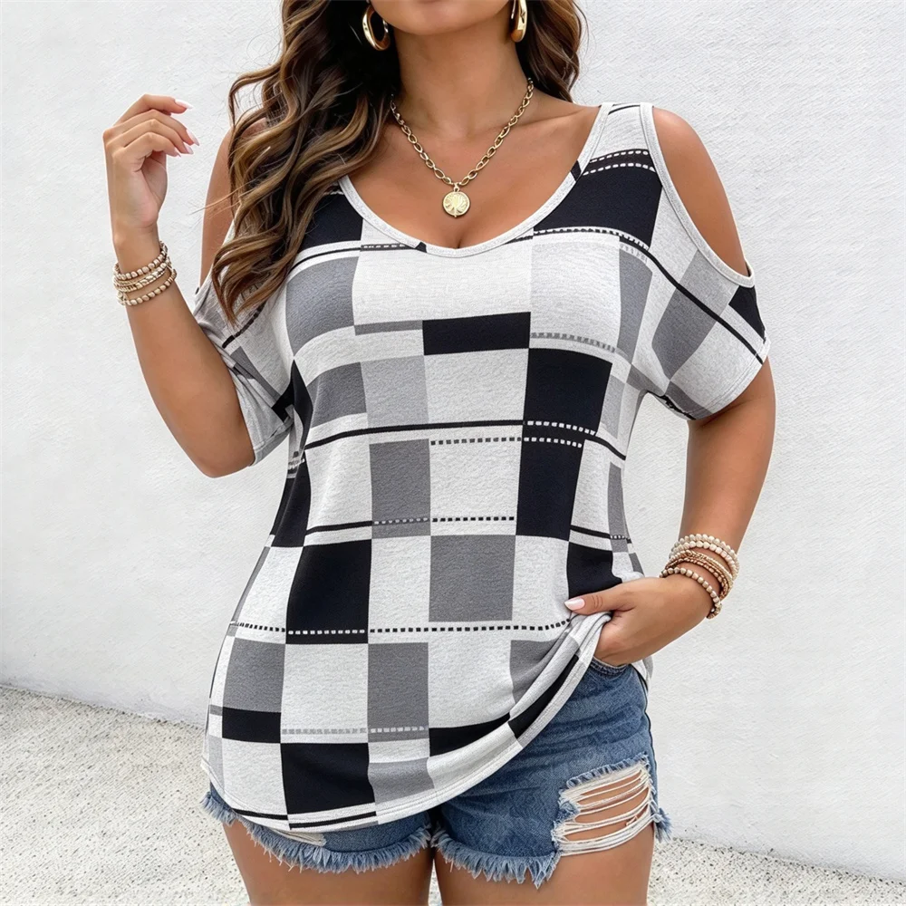 Summer Women's Off Shoulder T-shirt Cotton Casual Checkered T-shirt Comfortable Plus Size Women's T-Shirt Women's Clothing Tops