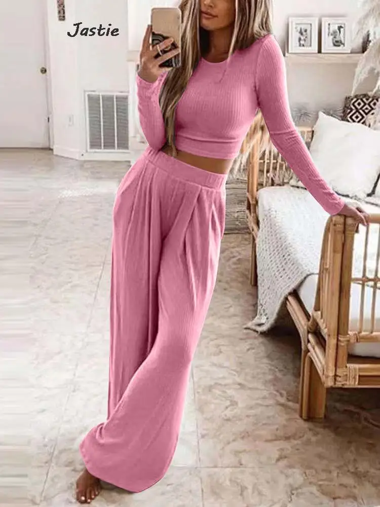 Autumn Solid Two Pieces Suits Women Slim Knit Sweater With Loose Wide-leg Pants Sets Casual Simple Elastic Waist Trousers Suits