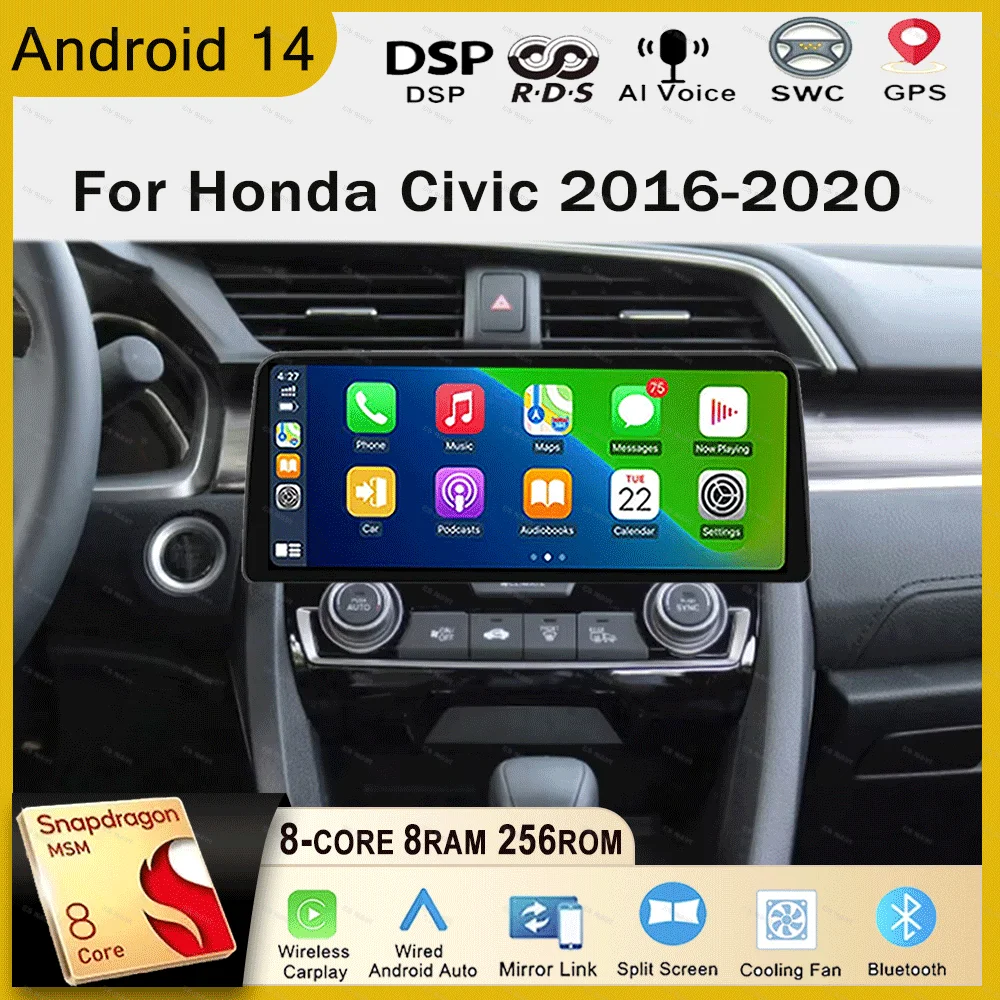 

12.3 Inch Android 14 DSP Car Radio Multimedia Video player For Honda Civic 2016-2020 4G LTE Carplay wheel steering control GPS