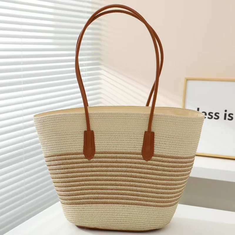

Соломенная сумка ручной работы большой емкости для женщин, модная брендовая летняя сумка-тоут для отдыха на море, универсальная сумка на плечо с контрастной полосой