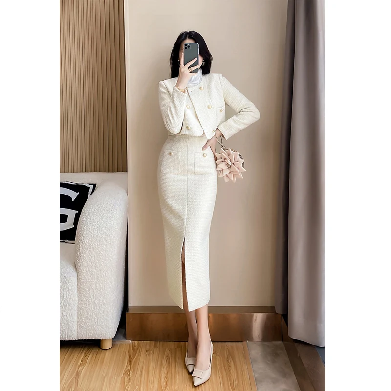 2 pieces of white tweed set for women, long sleeved jacket+hip wrap skirt, new small fragrant style set