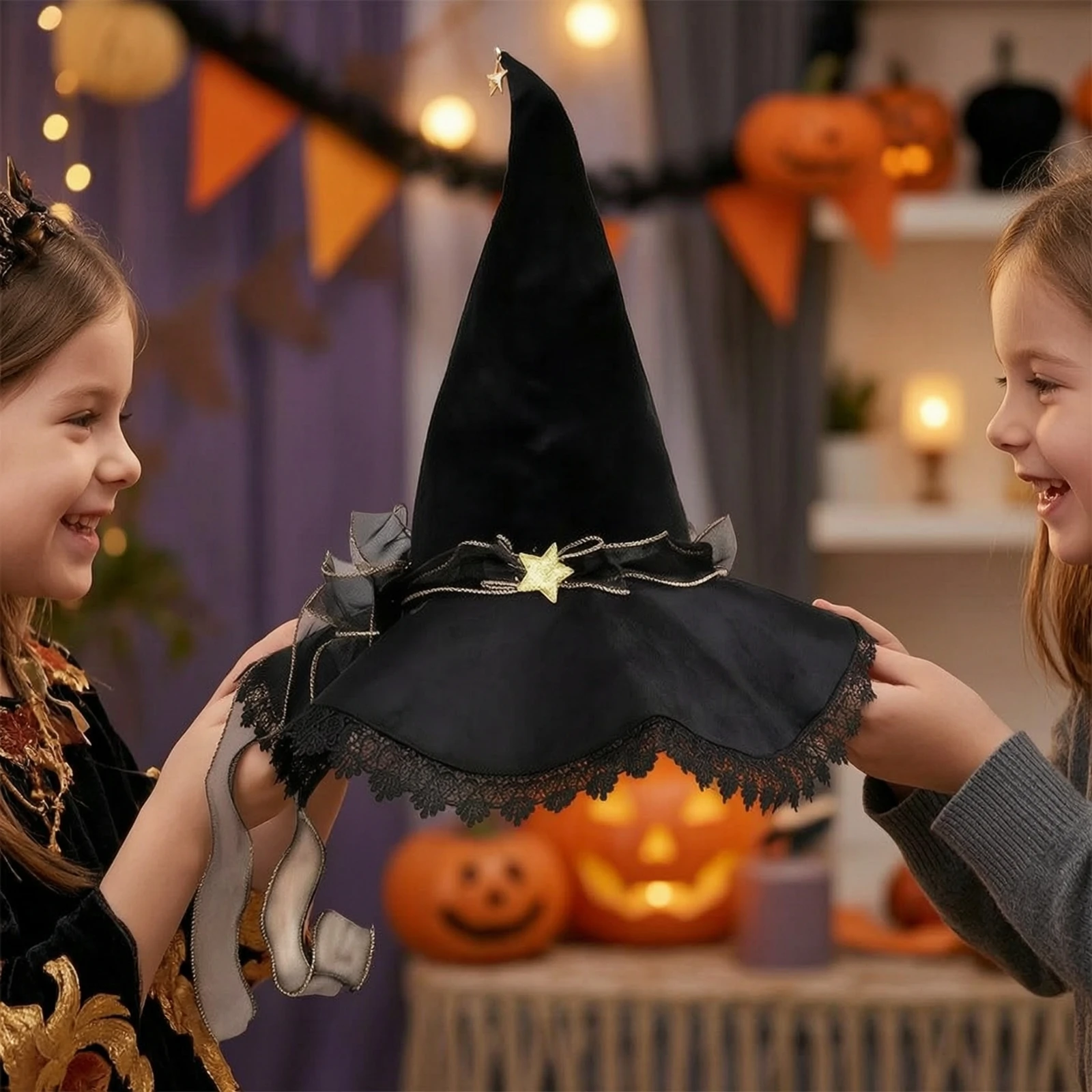 Velvet Witch Hat with Lace Soft Halloween Witch Hat Comfortable Secure Fit for Women, Costume Parties, Cosplay