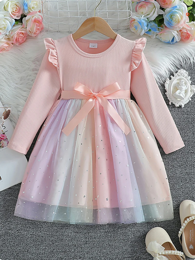 Girl's Long Sleeved Bow Dress 2-6Y Fashion Thin Children's Starry Sky Sequin Mesh Dress Spring Autumn Kid's Clothing