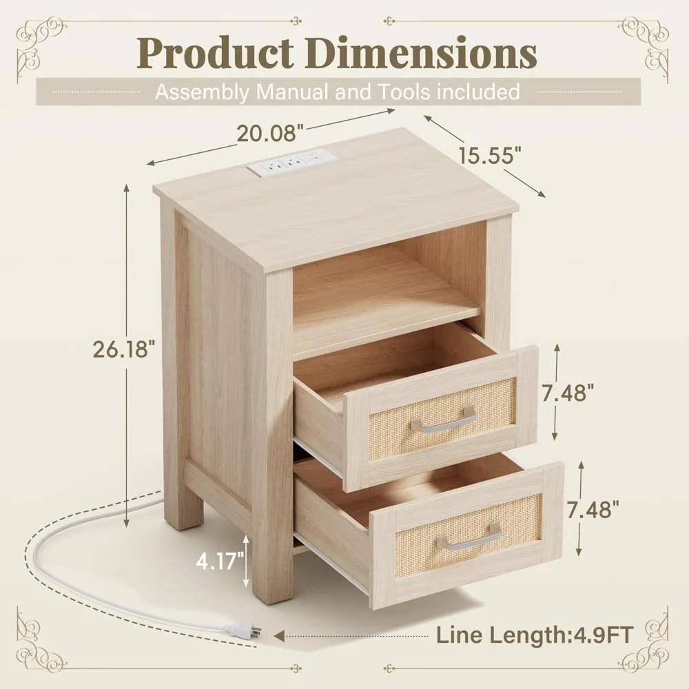 Meja Nakas Rotan 26 inci dengan Stasiun Pengisian Daya, 2 Laci & Rak Terbuka, Meja Samping Tempat Tidur Modern untuk Rumah