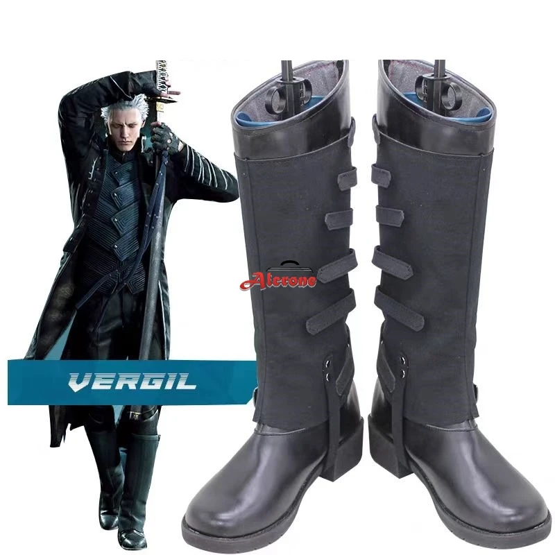 Chaussures de Cosplay Game Vergil, chaussures en cuir PU noir, perruque, bottes pour hommes adultes, bottes de Cosplay Vergil pour Halloween