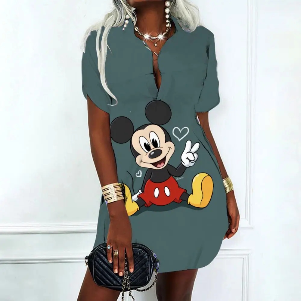 Mini Dress Disney Minnie Mouse Polo Shirts Summer Dresses Woman 2022 Offer Y2k Sexy Dress for Women Fashion Mickey V-Neck Korean