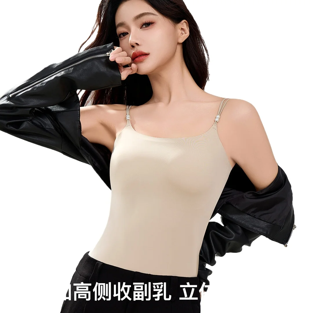 Cool Ice Silk Sling Vest for Women Without Steel Ring Integrated Bra Underwear One Piece Pajamas Top Breast Pad Bottom Shirt