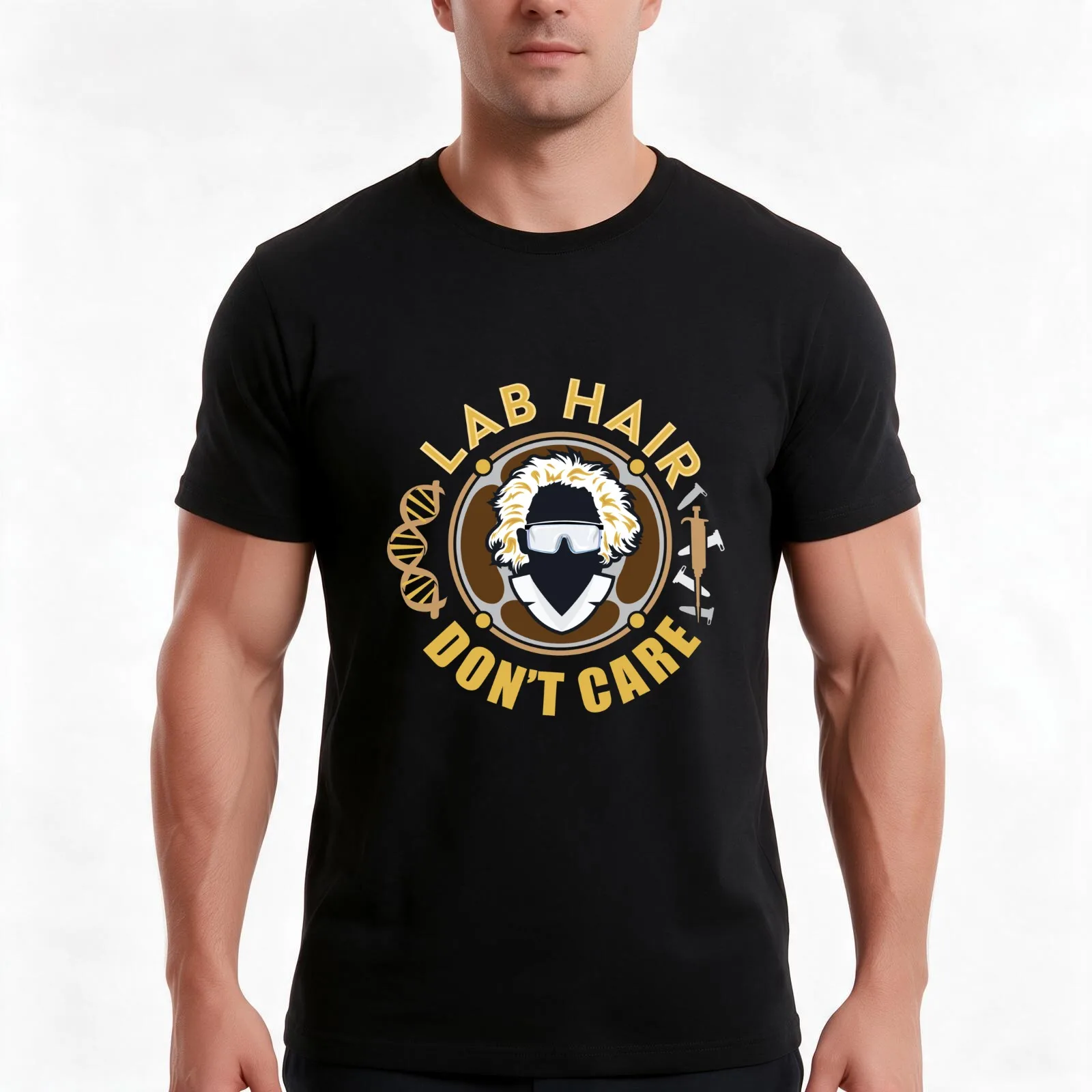 Lab Hair Don't Care - Funny Design with DNA Helix Pipette Reaction PCR Vials T-Shirt, Summer Casual Cotton Tee, Unisex Men Women
