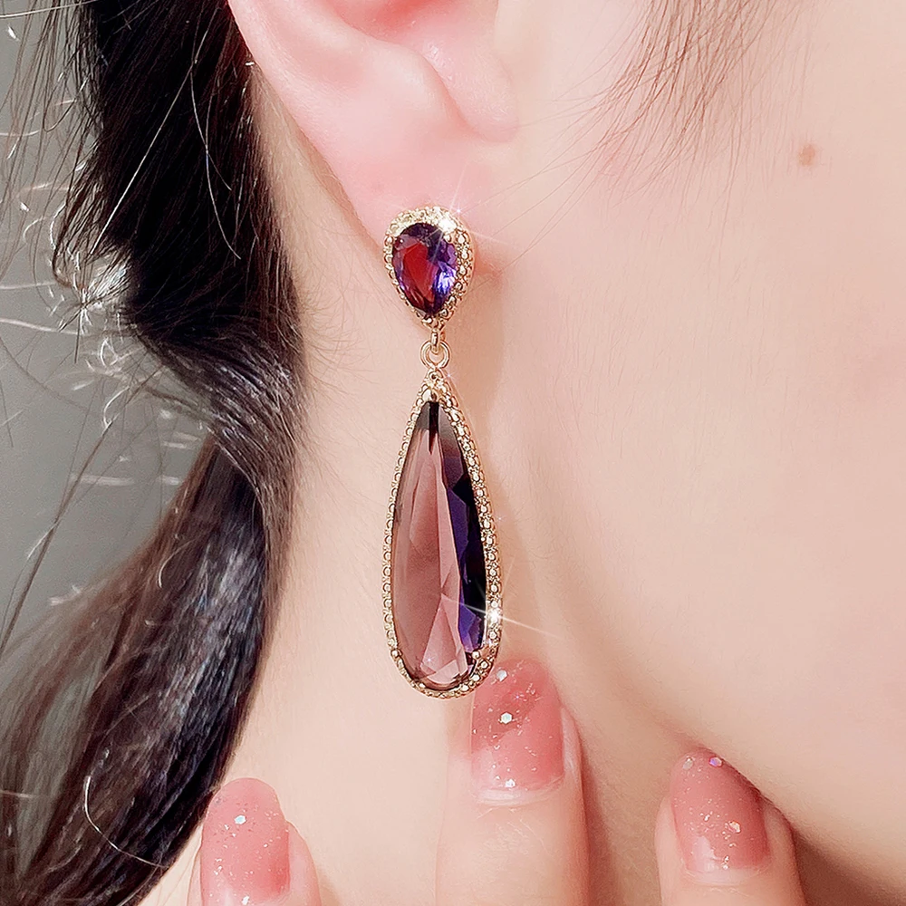 Huitan Gold Color Green/Purple Water Drop Cubic Zirconia Women Hanging Earrings Fashion Contracted Design Luxury Female Jewelry image 2