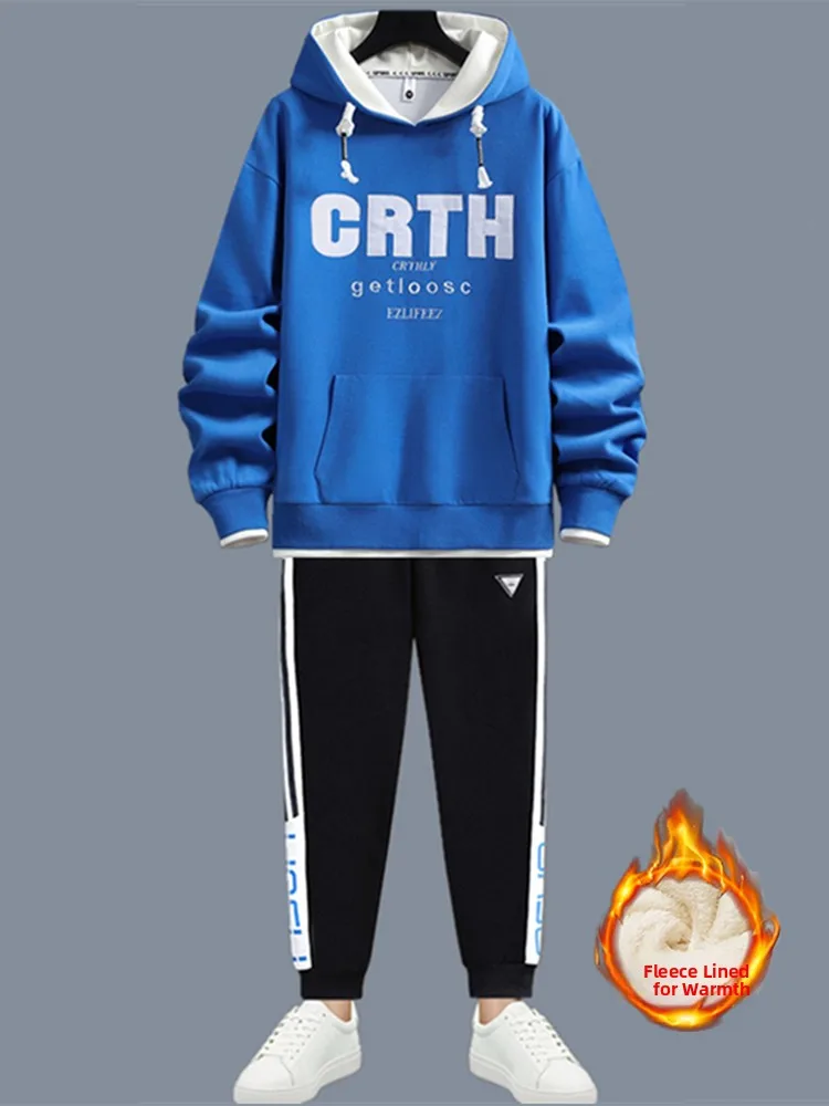 

Комплект из худи с флисовой подкладкой и брюк для мальчиков-подростков, хлопок/полиэстер, длинные рукава, длинные брюки, осенняя одежда для средней школы