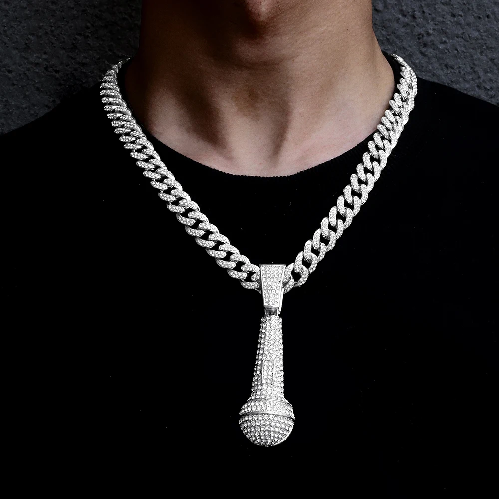 Iced Out Microphone Shape Pendent Necklace With Rhinestone 13mm Miami Cuban Link Chain Creative Jewelry For Men and Women Gift