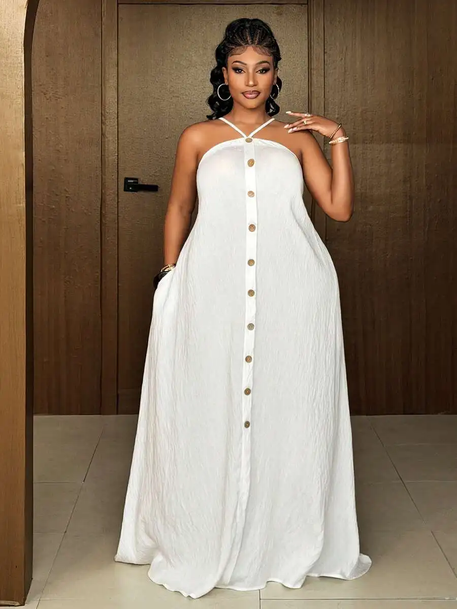 

Plus Size Women Solid Button Front Halter Maxi Vacation Dress