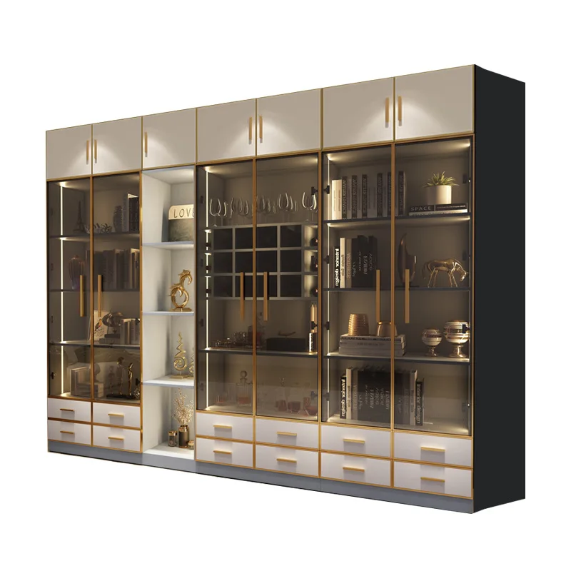 

Modern light luxury bookcase paint-free plate aluminum alloy glass door combination bookcase wine cabinet