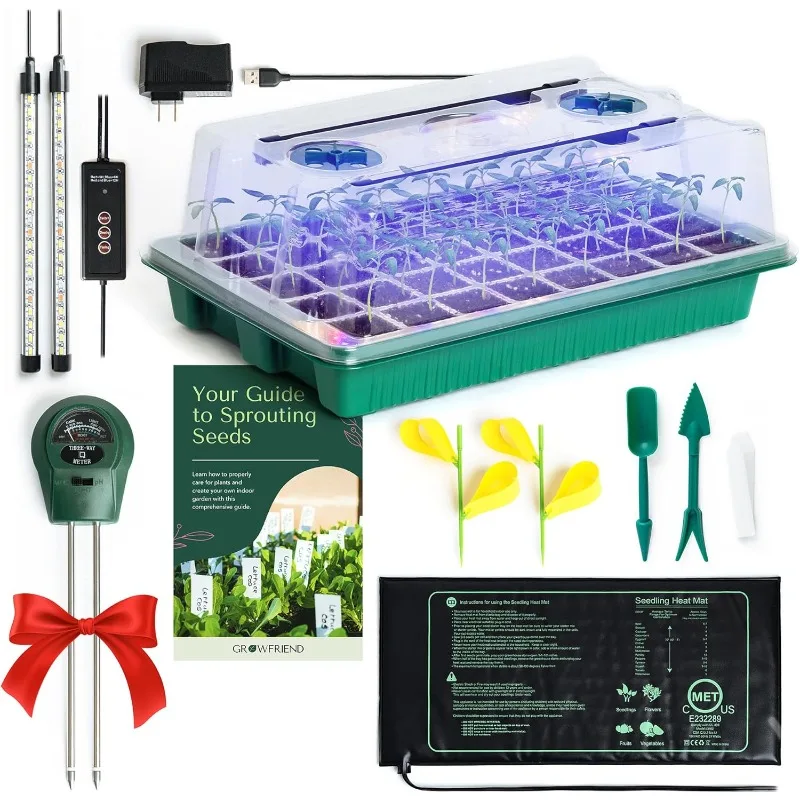 

Upgraded Seed Starter Tray with Grow Lights and Heat Mat, 3-in-1 Soil Meter, & Sticky Gnat Traps, 40-Cell Seed Growing Tray, Ger