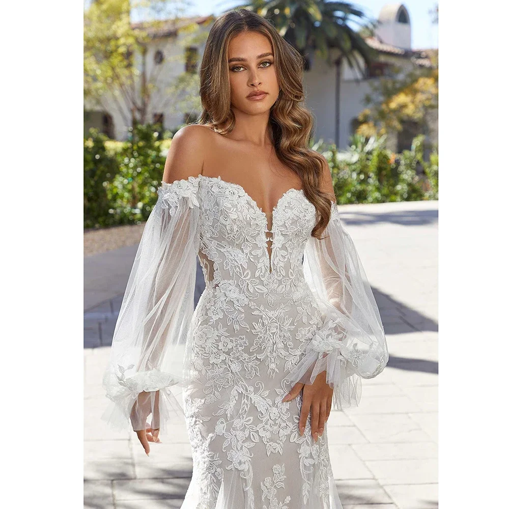 Elegant Lace Appliques Wedding Dresses Fashion Sweetheart Off The Shoulder Mermaid Gowns Chic Sweep Train White Bride Dresses