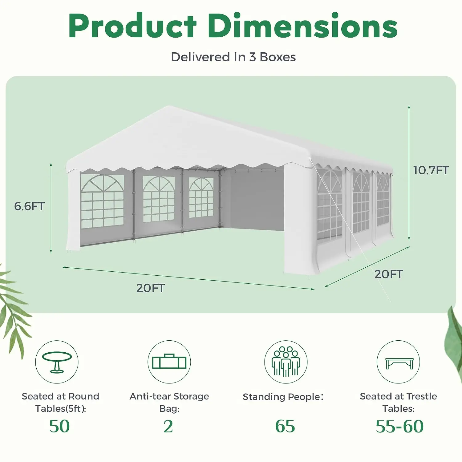 20x20ft Heavy Duty Party Tent with 6 Removable Sidewalls & 2 Roll-up Doors, Outdoor Gazebo Shelter for Event, White, Customized