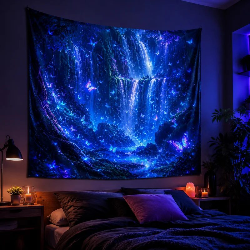VIKAMA Crystal Cave Waterfall Tapestry Night Cave Stream Waterfall Everywhere Transparent Purple Blue Crystal Room Decoration