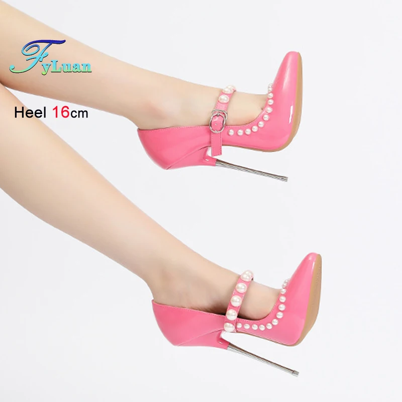 

Модельер Женские туфли на высоком каблуке с жемчугом и ремешком с пряжкой Неглубокие одинарные туфли 16 см на металлической шпильке Женские туфли-лодочки для стриптиза с острым носком