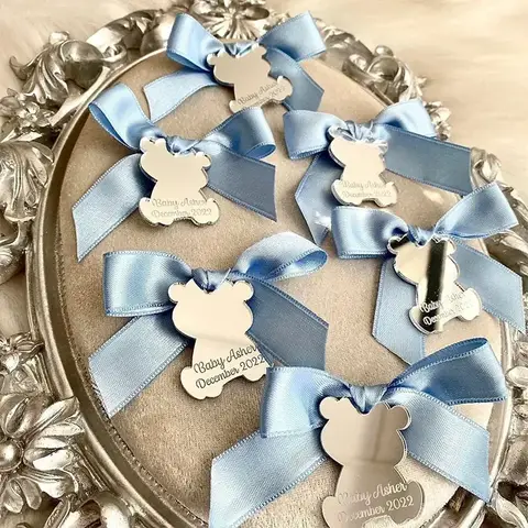 맞춤형 테디 베어 아크릴 거울 라벨, 곰 테마 파티, 베이비 블루 베이비 샤워 라벨, 생일 선물 장식