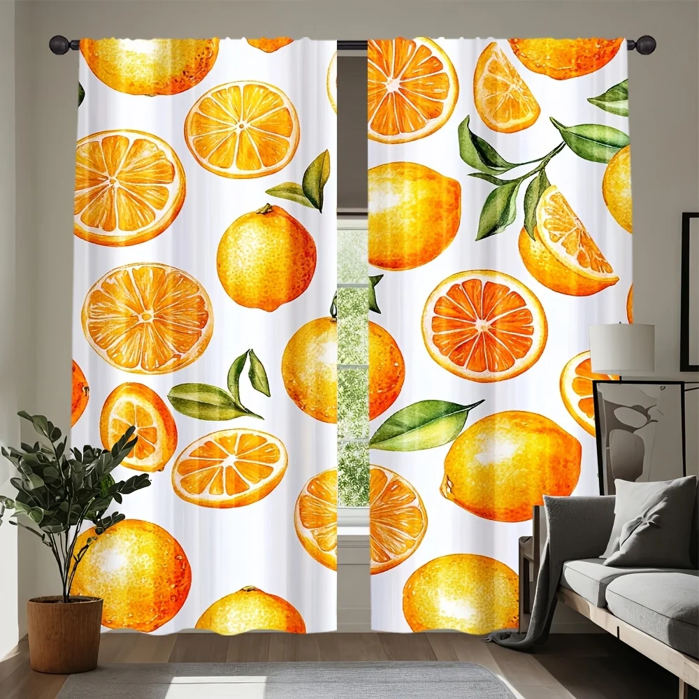 Bright Orange Lemon Fruit Curtain Panels, Watercolor Citrus Slice Green Leaf Pattern Drapes for Balcony Cafe Interior Decoration