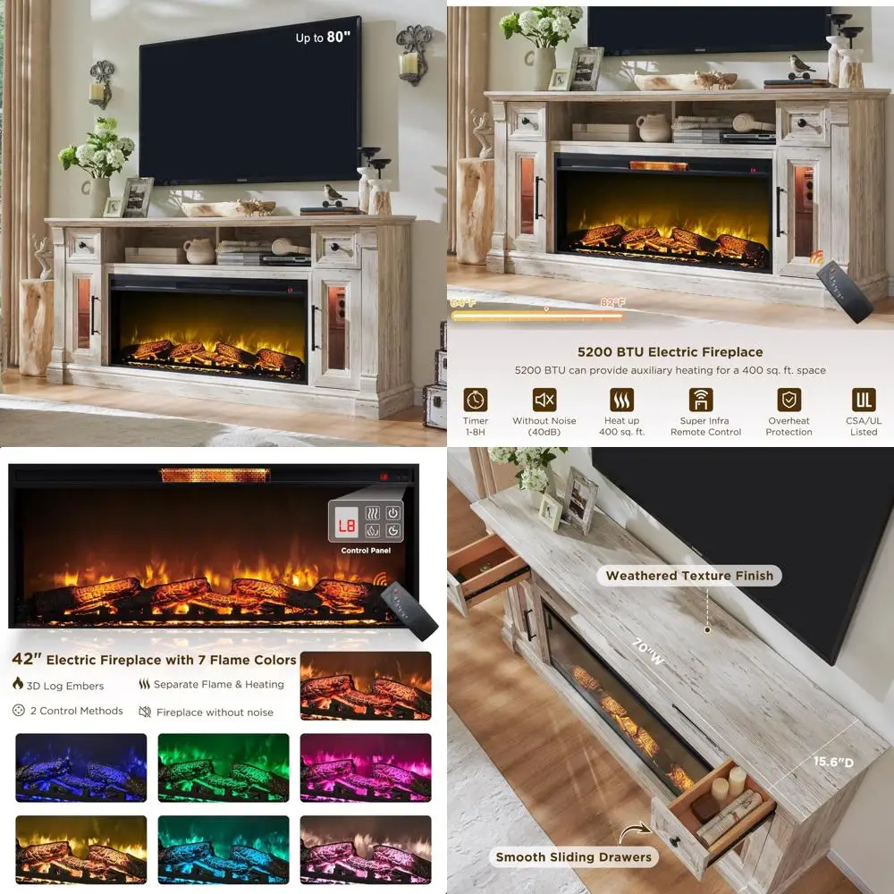 

Farmhouse Style 80 TV Stand with 42 Electric Fireplace, LED Lights & Wood Media Console