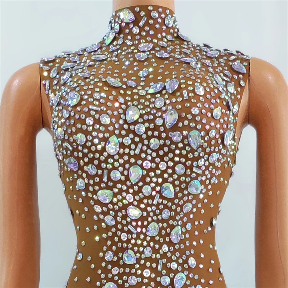 Seksowne body bez rękawów z dżetami na scenę, kostium do występów, na imprezę w klubie nocnym, siateczkowy, transparentny trykot DJ, strój karnawałowy rave.