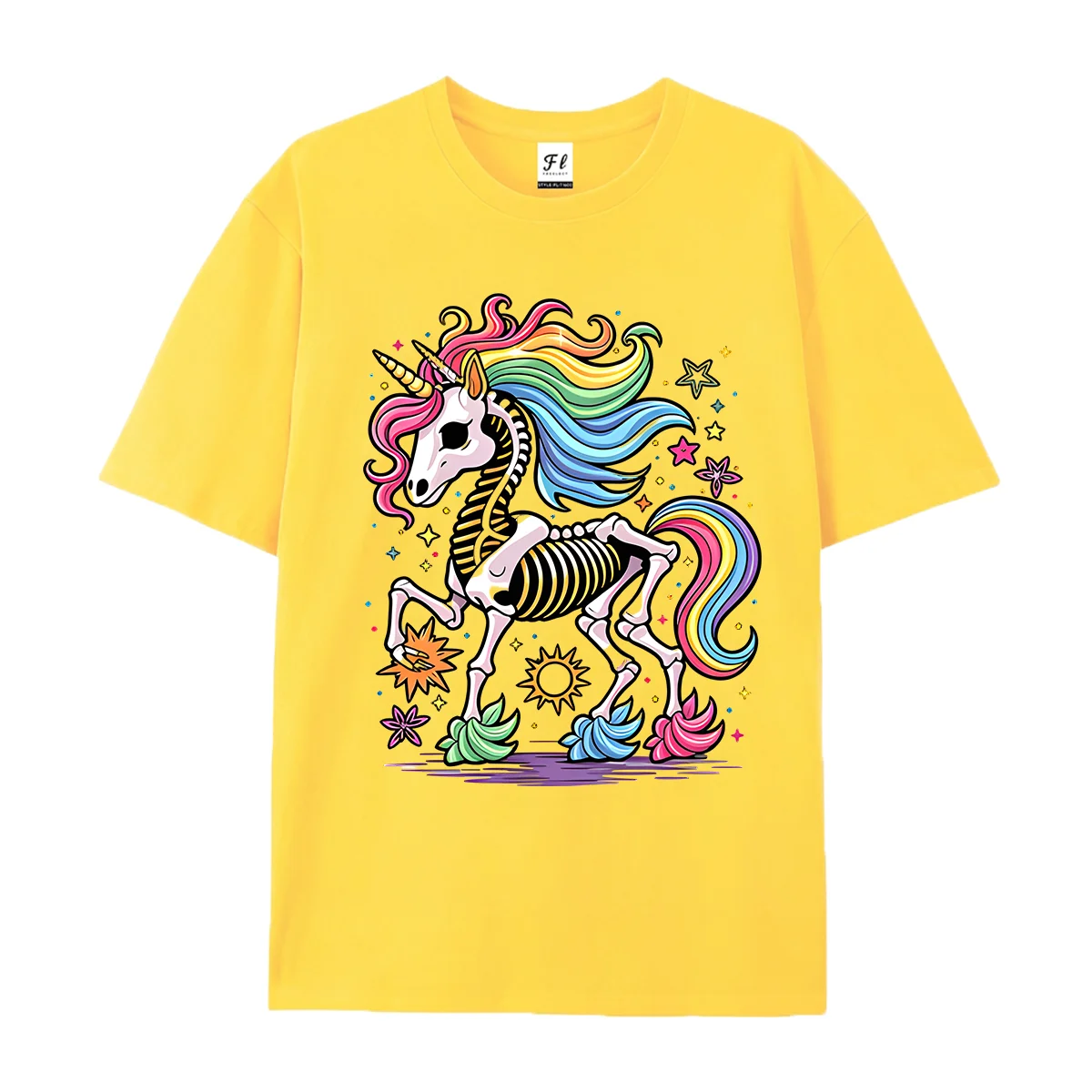 Skeleton Unicorn Rainbow Mane Graphic T Shirt Unisex Summer O Neck Short Sleeve Fantasy Star Sun Print Soft Cotton Tees For Men