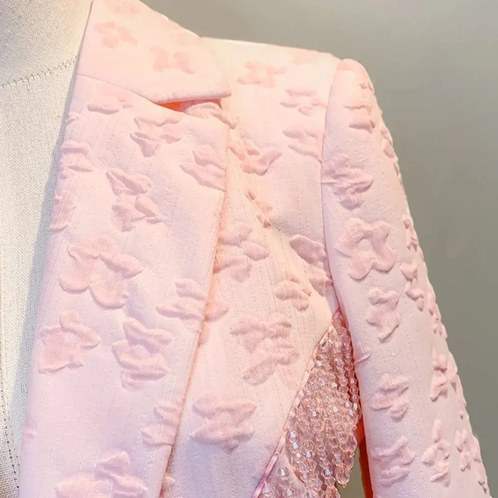 2024 primavera autunno rosa blazer per le donne manica lunga moda Jacquard elegante giacca femminile Casual cristallo nappa sottile cappotto signora