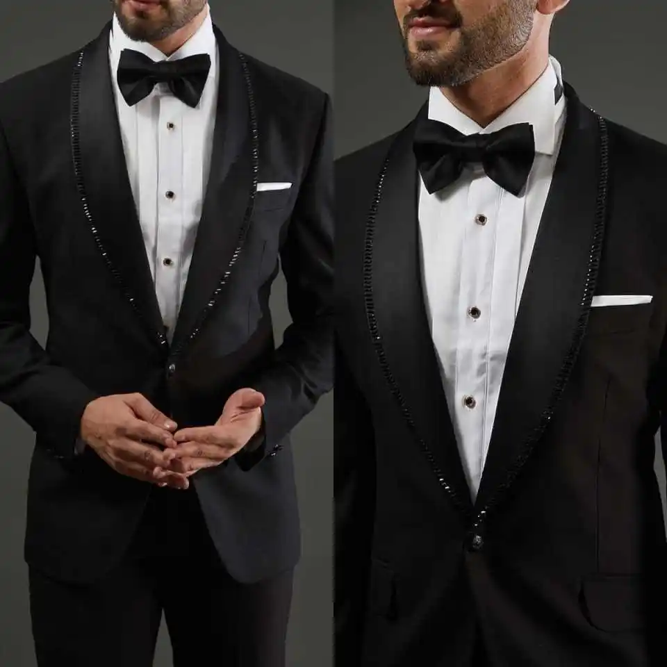 Simple Wedding Tuxedos Beaded 2 Piece Set Jacket Pants Men Suit Slim Fit Shawl Lapel One Button Evening Blazers  Customized