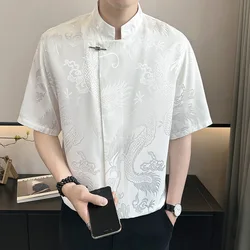 Vintage Harajuku Blouses Men Satin Shirt Dragon Totem Print Streetwear Button Up Short Sleeve Shirts Chinese Style Tops Unisex