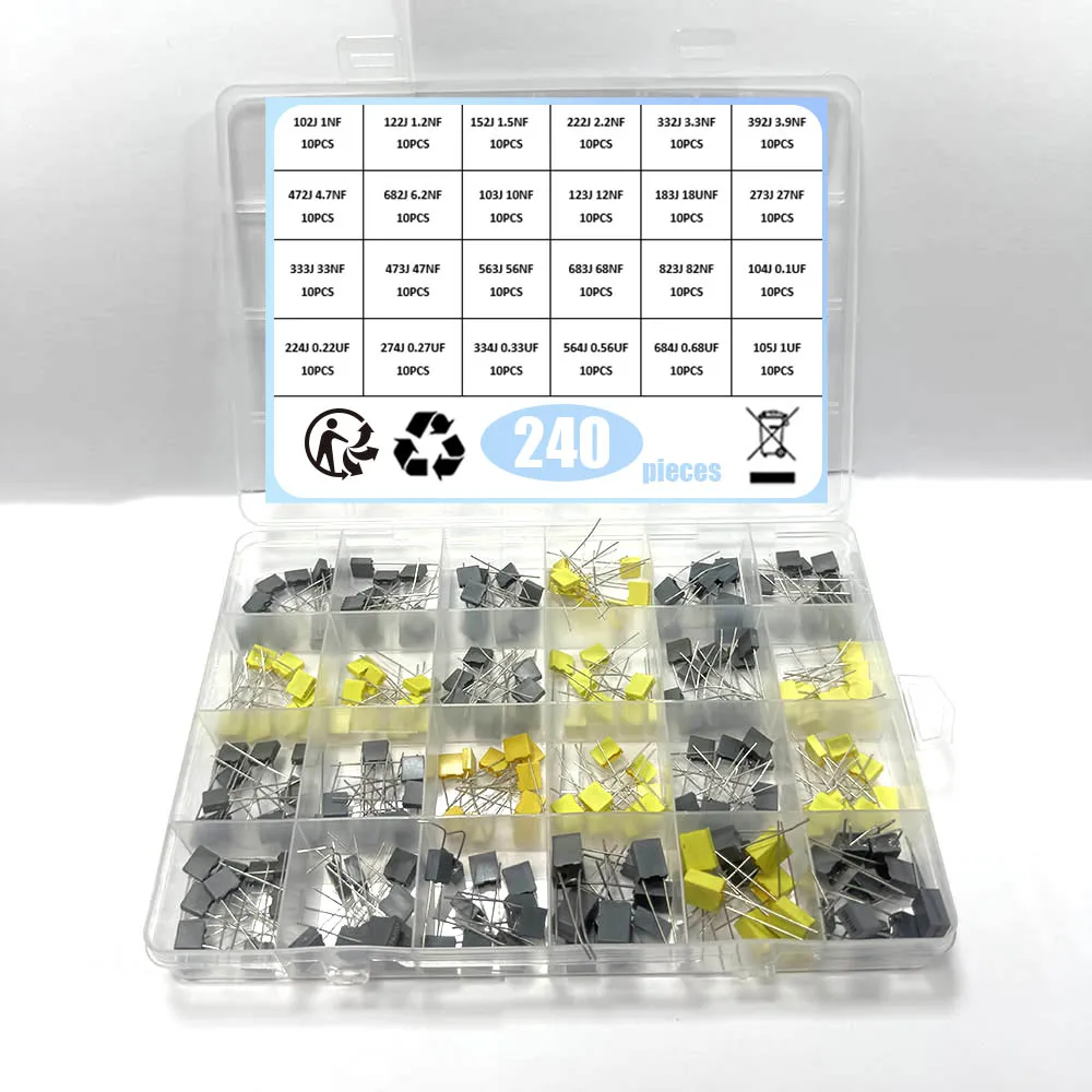 240 قطعة مكثف تصحيح مجموعة متنوعة 24 قيم x 10 قطعة 63 فولت-100 فولت 102J-105J مكثفات فيلم بلاستيكية آمنة من مادة البولي بروبلين