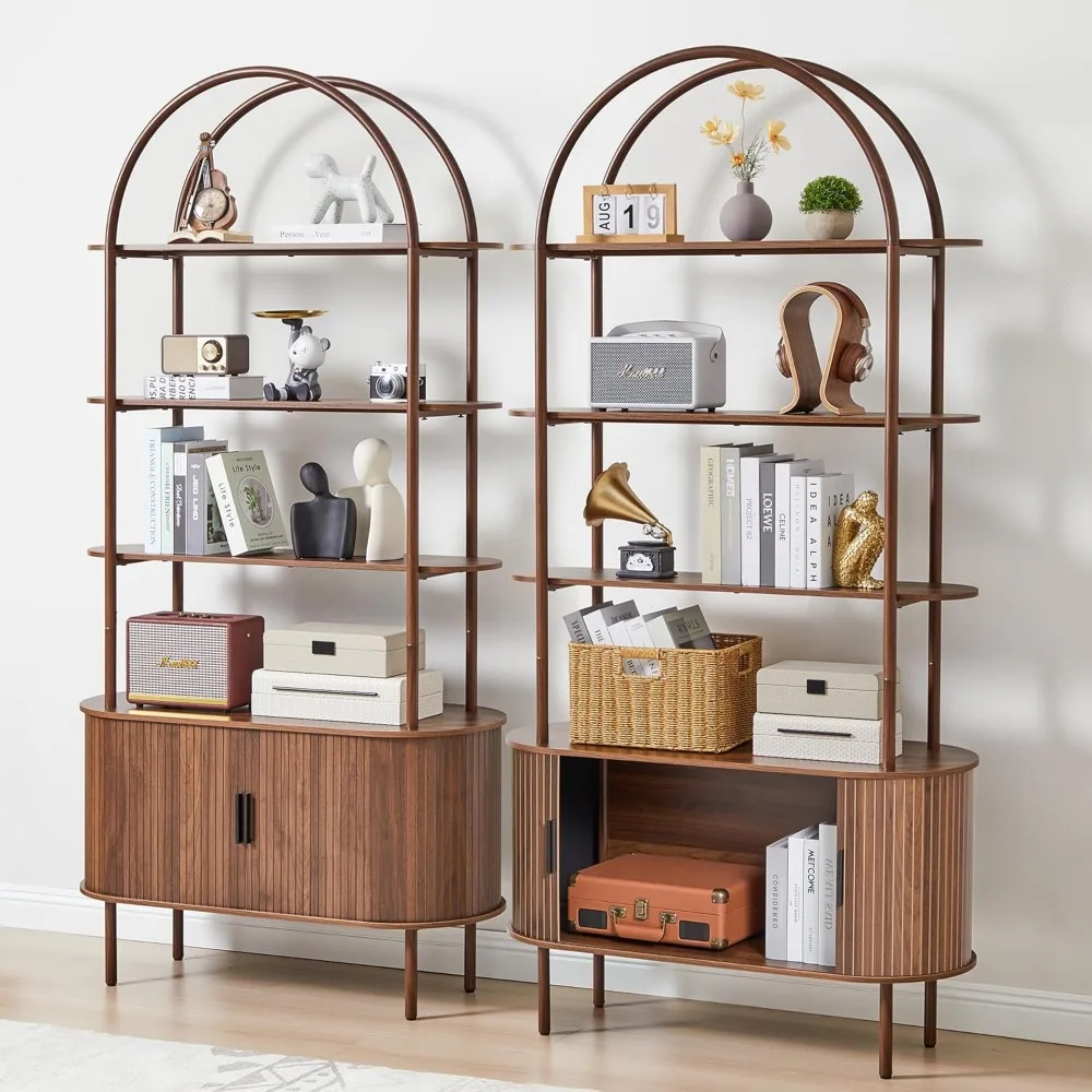 رف كتب حديث من منتصف القرن بطول 79 باب منزلق مع تصميم منحني وتخزين عرض مكون من 4 طبقات