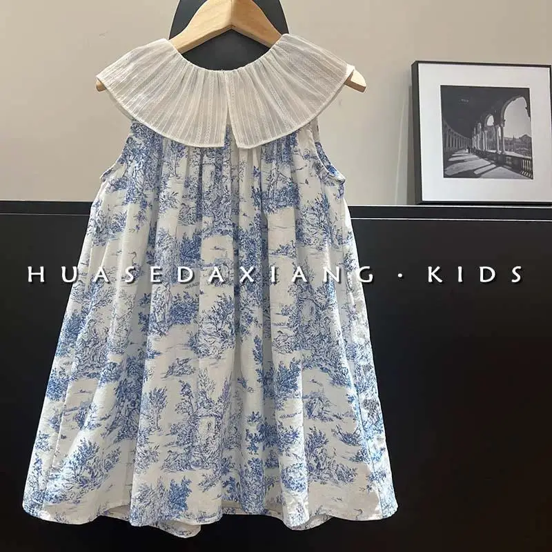 frock for girl dress Retro Lotus Leaf Collar Ink Painting Tank Top Skirt flower baby girl dresses 1 2 4 6 8 9 10 11 kids clothes