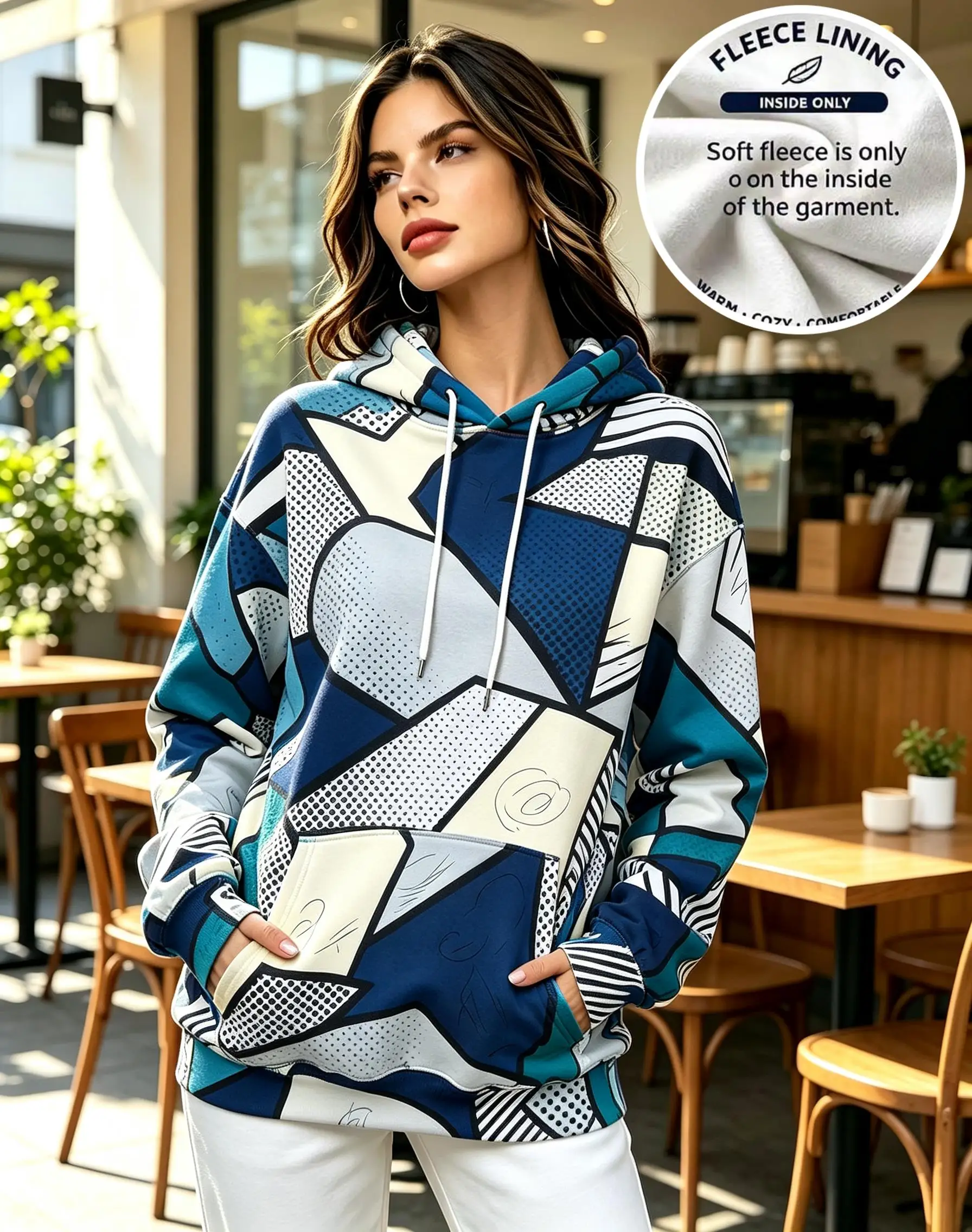 Women Abstract Geometric Patchwork Print Fleece Hoodie Purple Pink Kangaroo Pocket Casual Pullover Sweatshirt