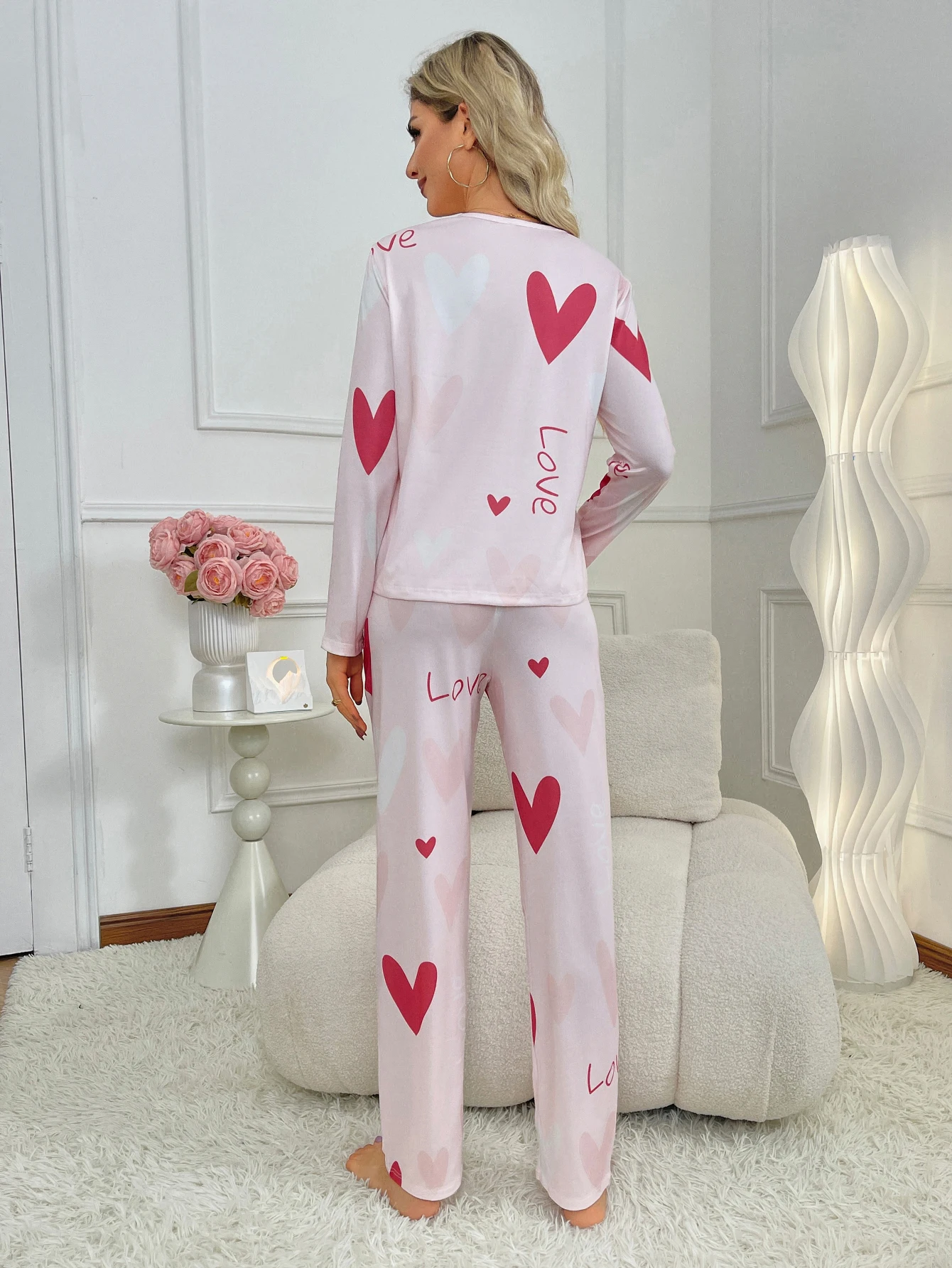 Autumn new style women\'s pajamas set love print pattern long sleeve trousers loose two-piece casual comfortable home wear