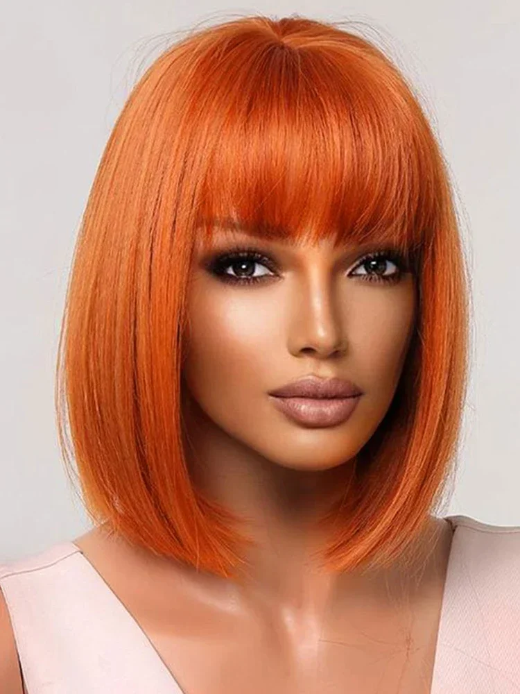 180D Orange/Ginger Colored Blonde Straight Human Hair Bob Wigs With Bangs Remy Full Machine Made for Women Easy Put On And Go