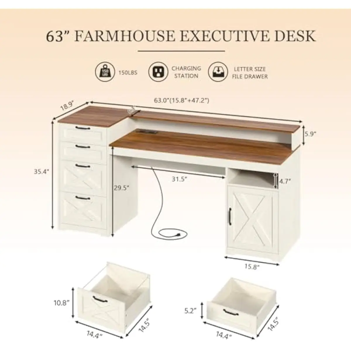 63 inch rustic white engineered wood desk with 4 drawers cabinet shelf printer stand USB AC TYPE-C ports ergonomic monitor riser