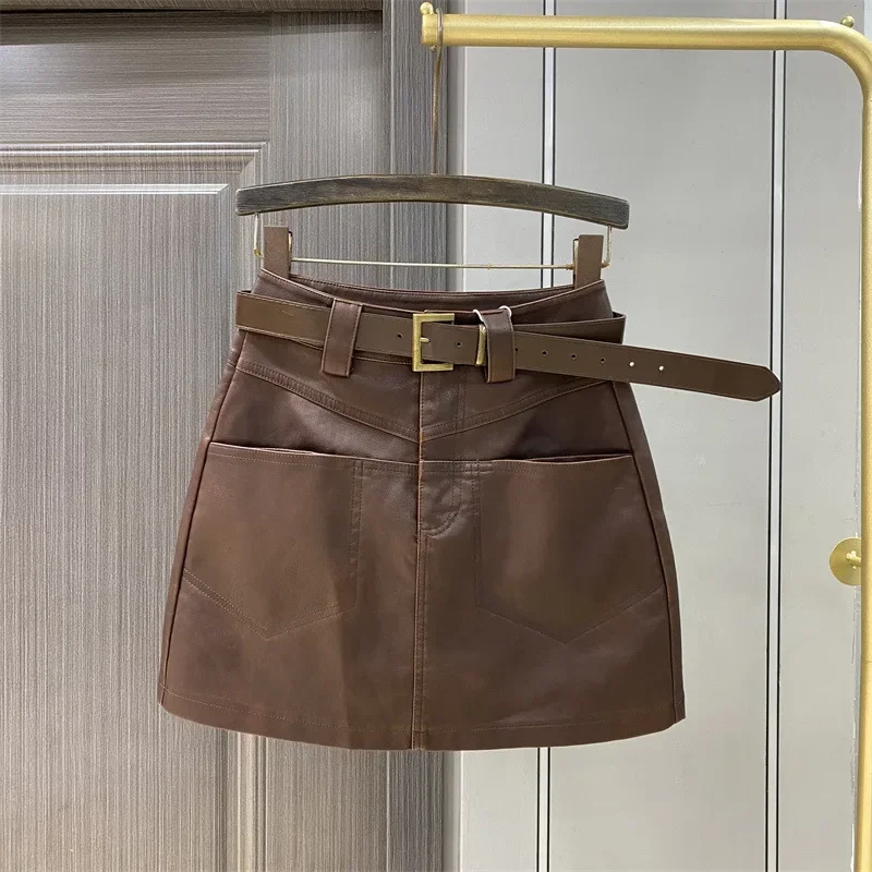 High waisted leather  half body women's autumn  winter new A-line  retro PU leather short skirt, coffee  leather skirt