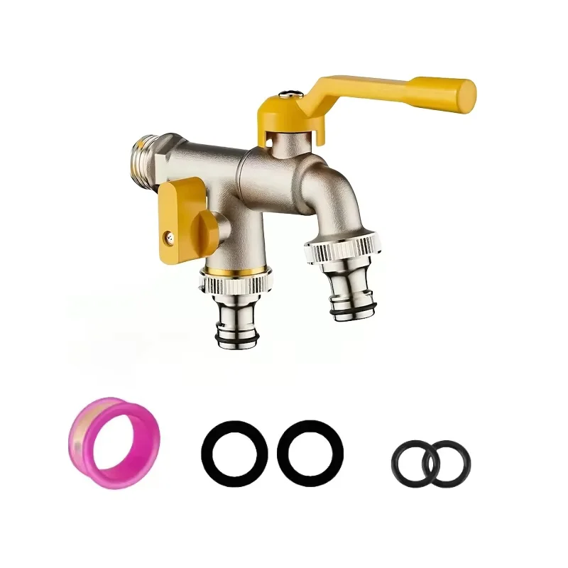 Double outlet garden hose faucet -1/2 inch connection, ideal for watering and lawn care, compatible with sprinklers and hose gun