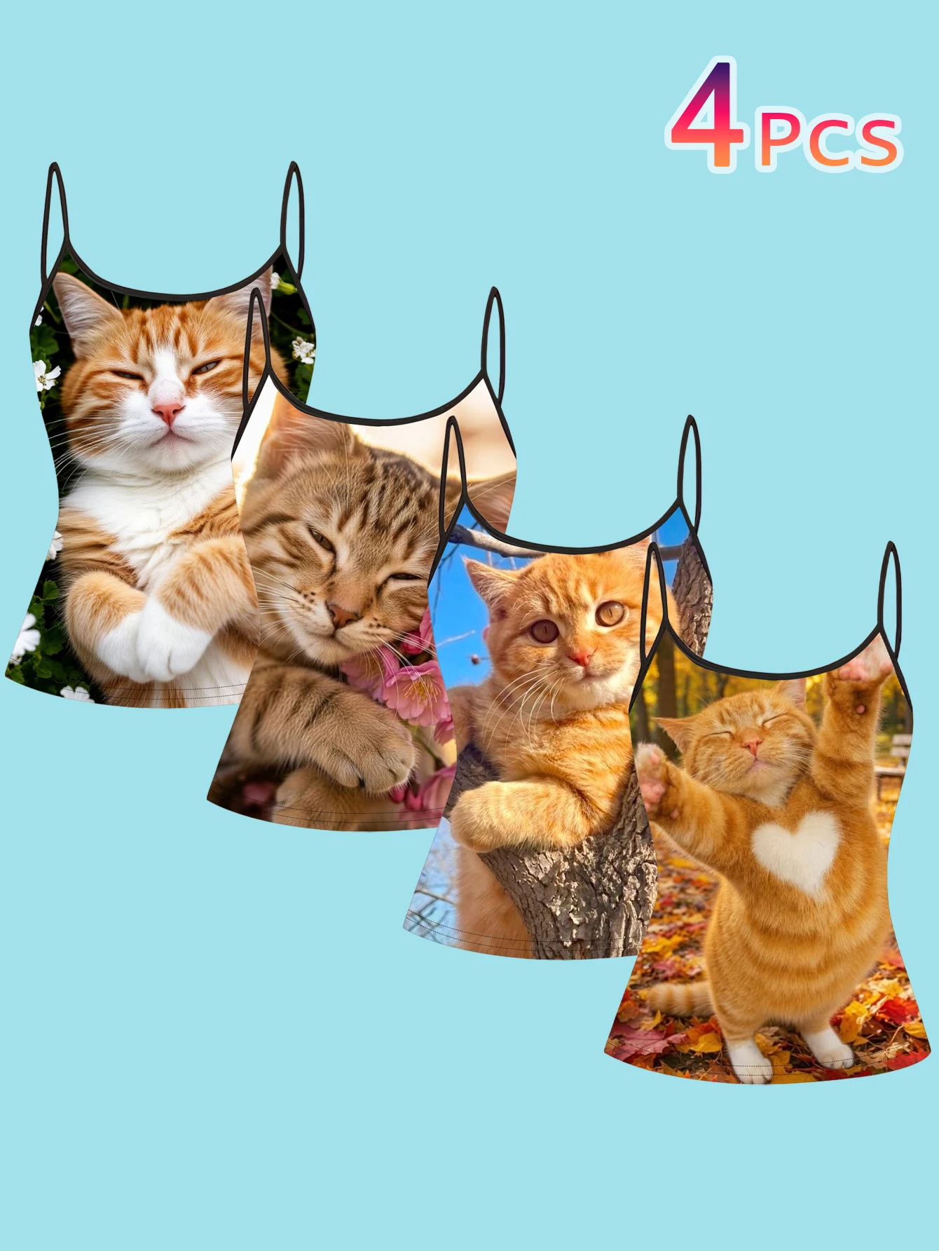 4-Piece Set of Autumn Forest-Style Orange Cat 3D Printed Spaghetti Strap Camisole for Women, Soft and Cute, Slim-Fit, Suitable for Wearing as a Base Layer or Outerwear